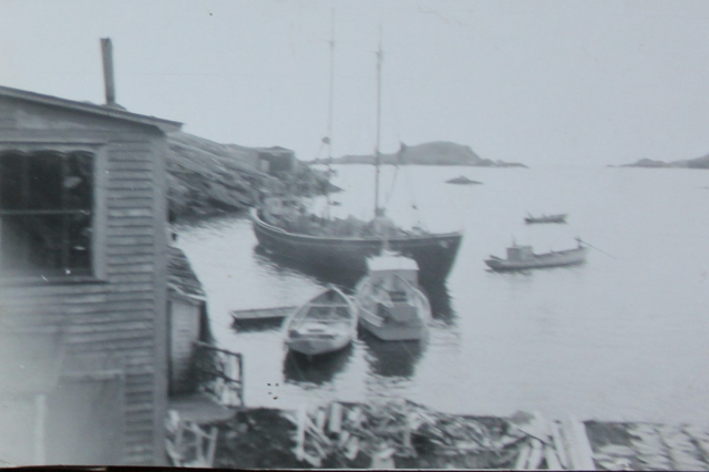 The skiff Mary Maureena pulling the schooner Marie Stone away from Paddy Hann’s wharf in August 1957.&amp;nbsp; To the left is Din Pat Walsh’s skiff, Sheena and to the right is Paddy Jim’s passenger boat “Guerney”.